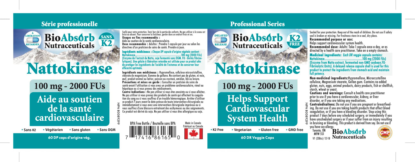 Bio Absorb Nattokinase - Non-GMO Natto Enzyme, 100 mg / 2000 FU, 60 Veggie Caps