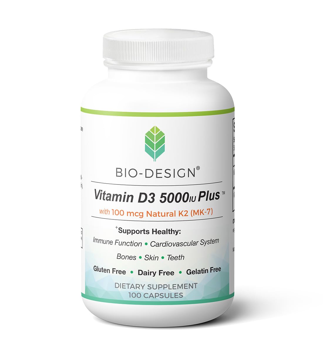 Bio-Design Vitamin D3 5000 IU + K2 (MK-7) – Immune Support, Bone & Heart Health (100 capsules)