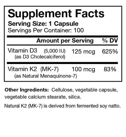Bio-Design Vitamin D3 5000 IU + K2 (MK-7) – Immune Support, Bone & Heart Health (100 capsules)