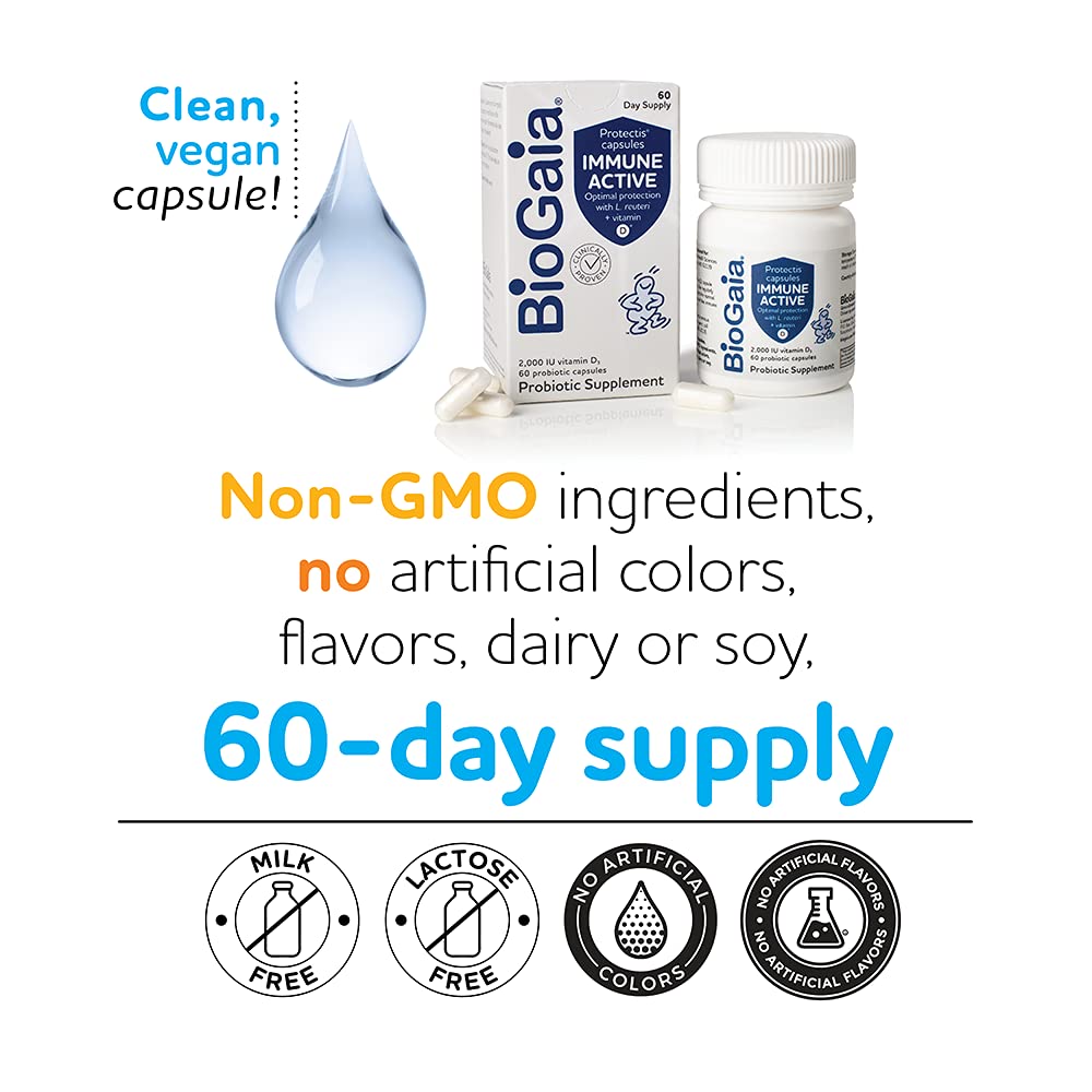 BioGaia Protectis Immune Active Probiotic + Vitamin D | Immune, Digestive & Overall Health | 60 Day Capsule Supply