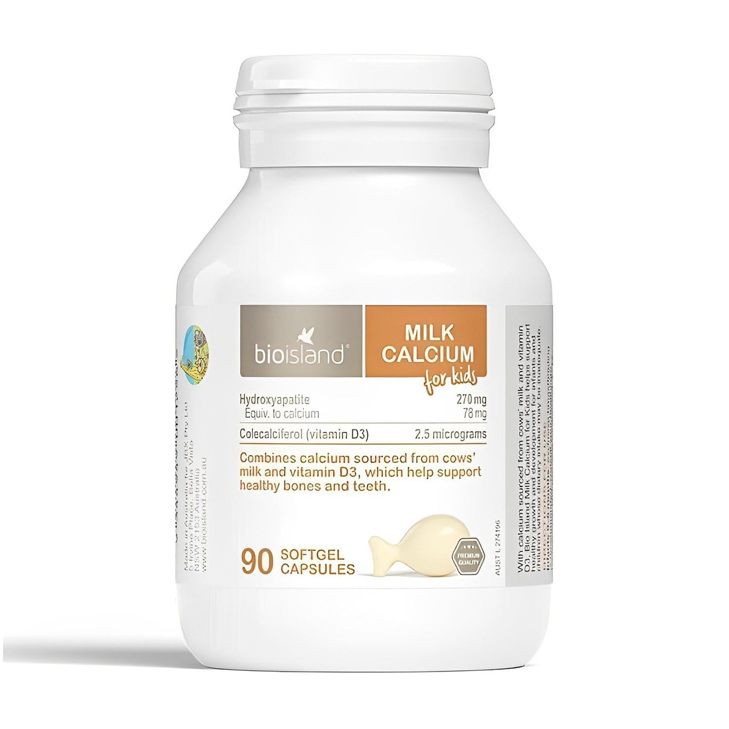 Bio Island Milk Calcium for Kids - 90 Capsules | Kids Calcium Supplement