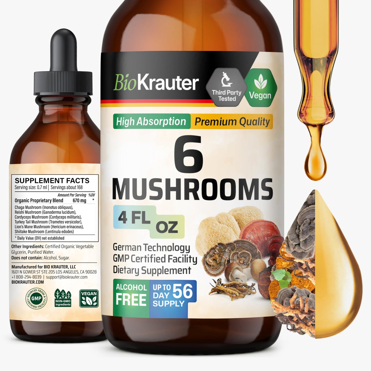 BIO KRAUTER 6 Mushrooms 6-in-1 Immunity Tincture - Lions Mane, Shiitake, Turkey Tail, Cordyceps, Reishi & Chaga | Vegan Drops 4 Fl Oz