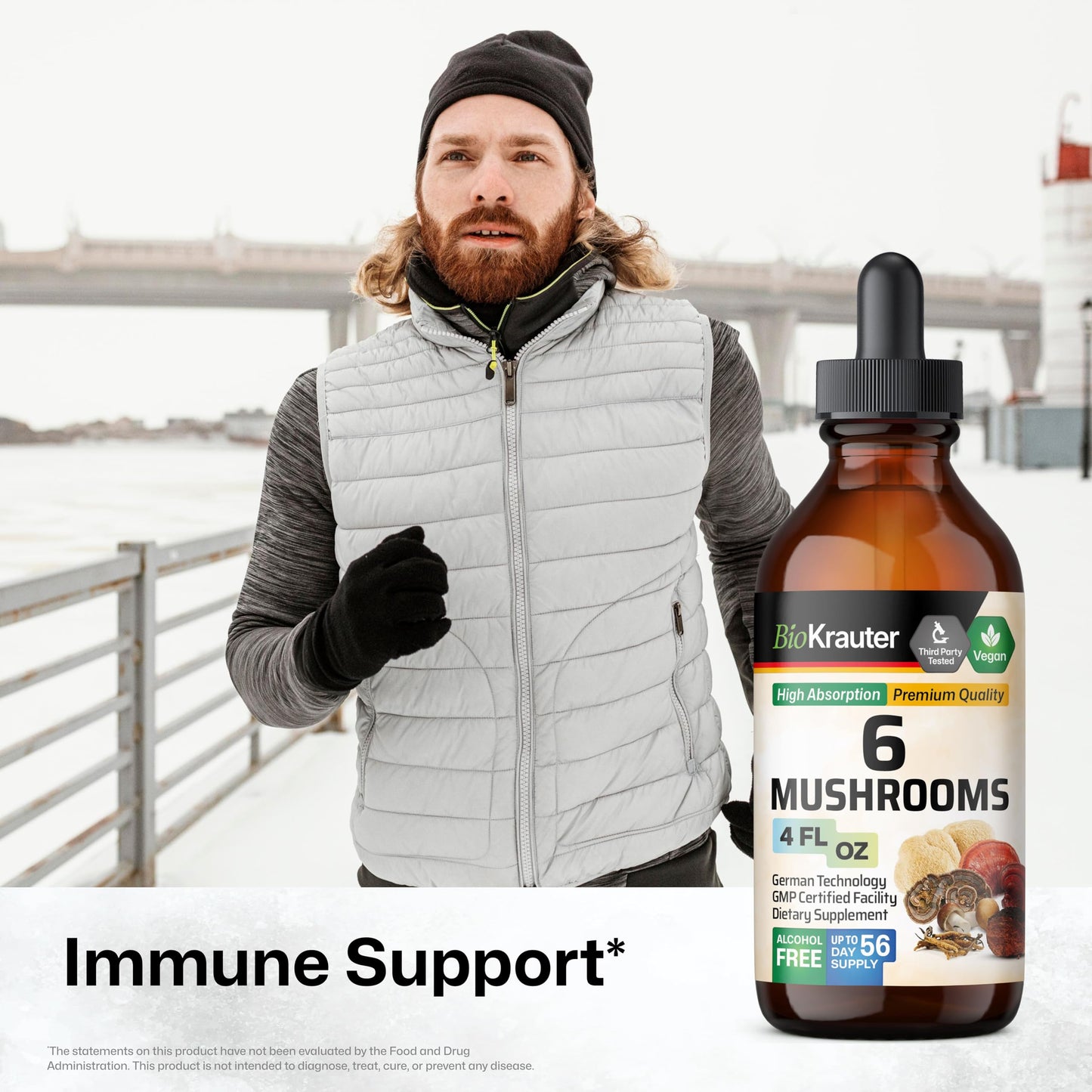 BIO KRAUTER 6 Mushrooms 6-in-1 Immunity Tincture - Lions Mane, Shiitake, Turkey Tail, Cordyceps, Reishi & Chaga | Vegan Drops 4 Fl Oz