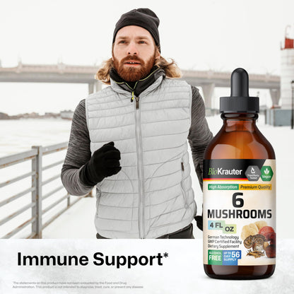 BIO KRAUTER 6 Mushrooms 6-in-1 Immunity Tincture - Lions Mane, Shiitake, Turkey Tail, Cordyceps, Reishi & Chaga | Vegan Drops 4 Fl Oz