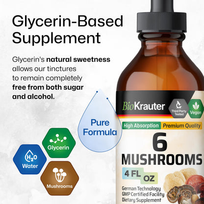 BIO KRAUTER 6 Mushrooms 6-in-1 Immunity Tincture - Lions Mane, Shiitake, Turkey Tail, Cordyceps, Reishi & Chaga | Vegan Drops 4 Fl Oz