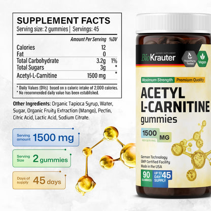 BIO KRAUTER Acetyl L Carnitine Gummies - 1500 mg - 90 Vegan Mango Chews - Pectin-Based, Non-GMO