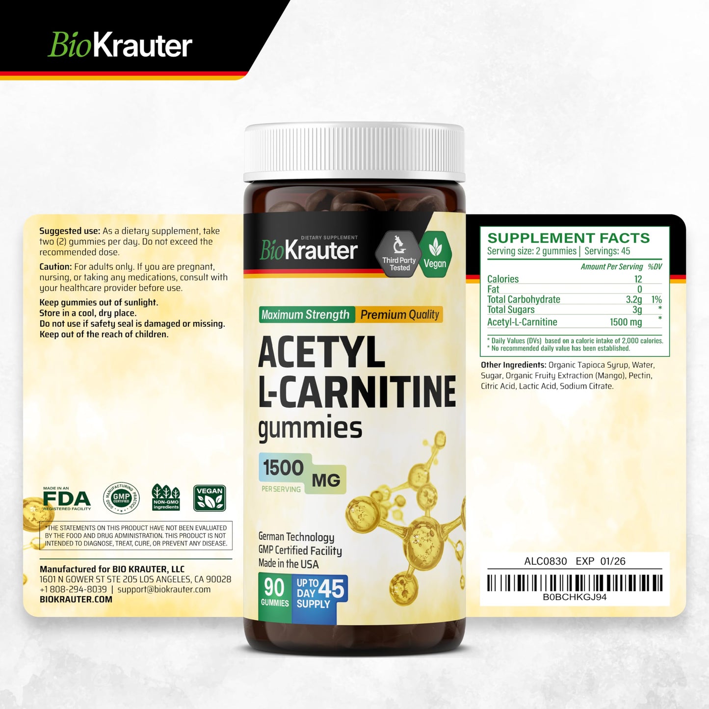 BIO KRAUTER Acetyl L Carnitine Gummies - 1500 mg - 90 Vegan Mango Chews - Pectin-Based, Non-GMO