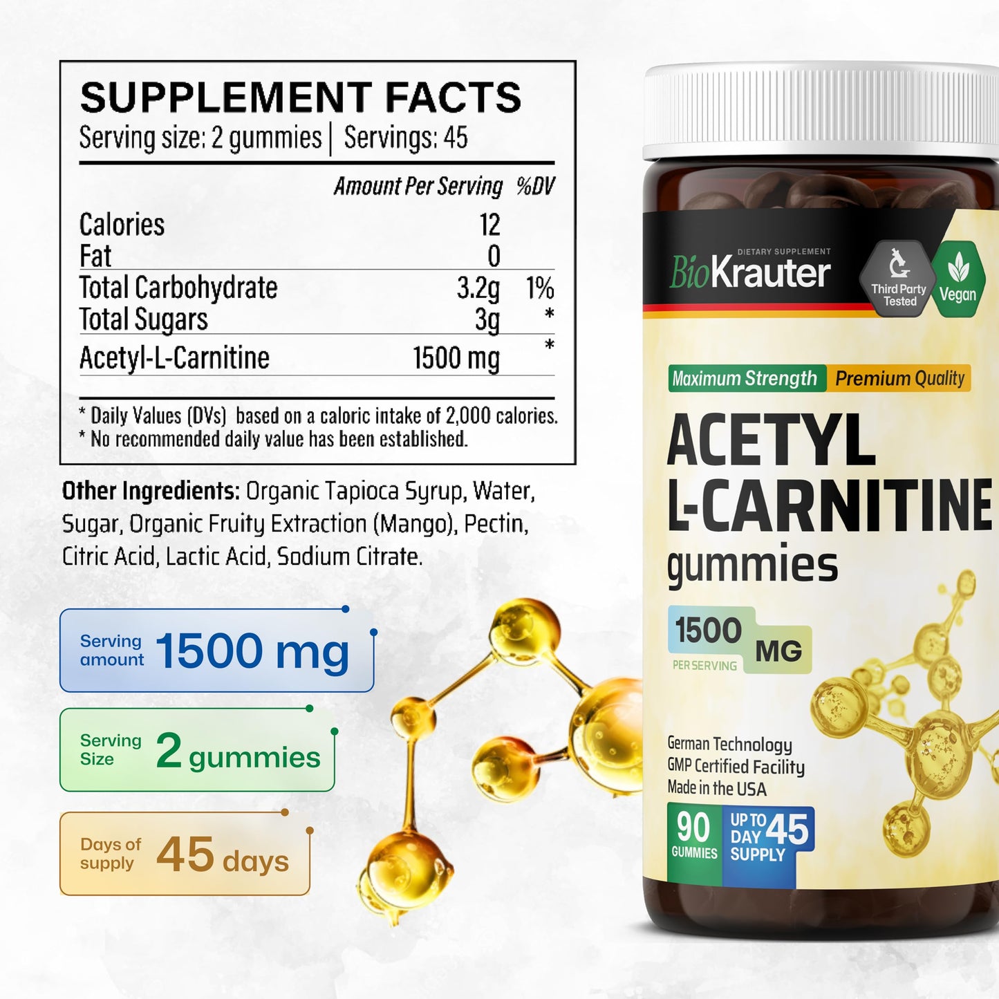 BIO KRAUTER Acetyl L-Carnitine Gummies 1500 mg - 90 Vegan Chews | Pack of 2