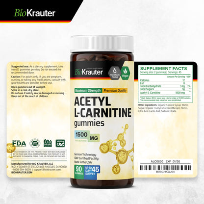 BIO KRAUTER Acetyl L-Carnitine Gummies 1500 mg - 90 Vegan Chews | Pack of 2