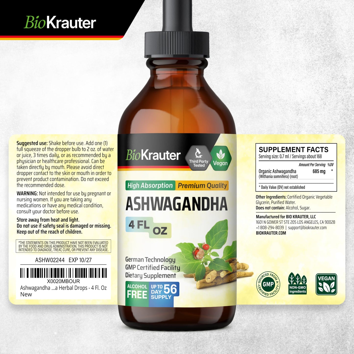 BIO KRAUTER Ashwagandha Drops – Pure Vegan Liquid 685 mg, 56-Day Supply