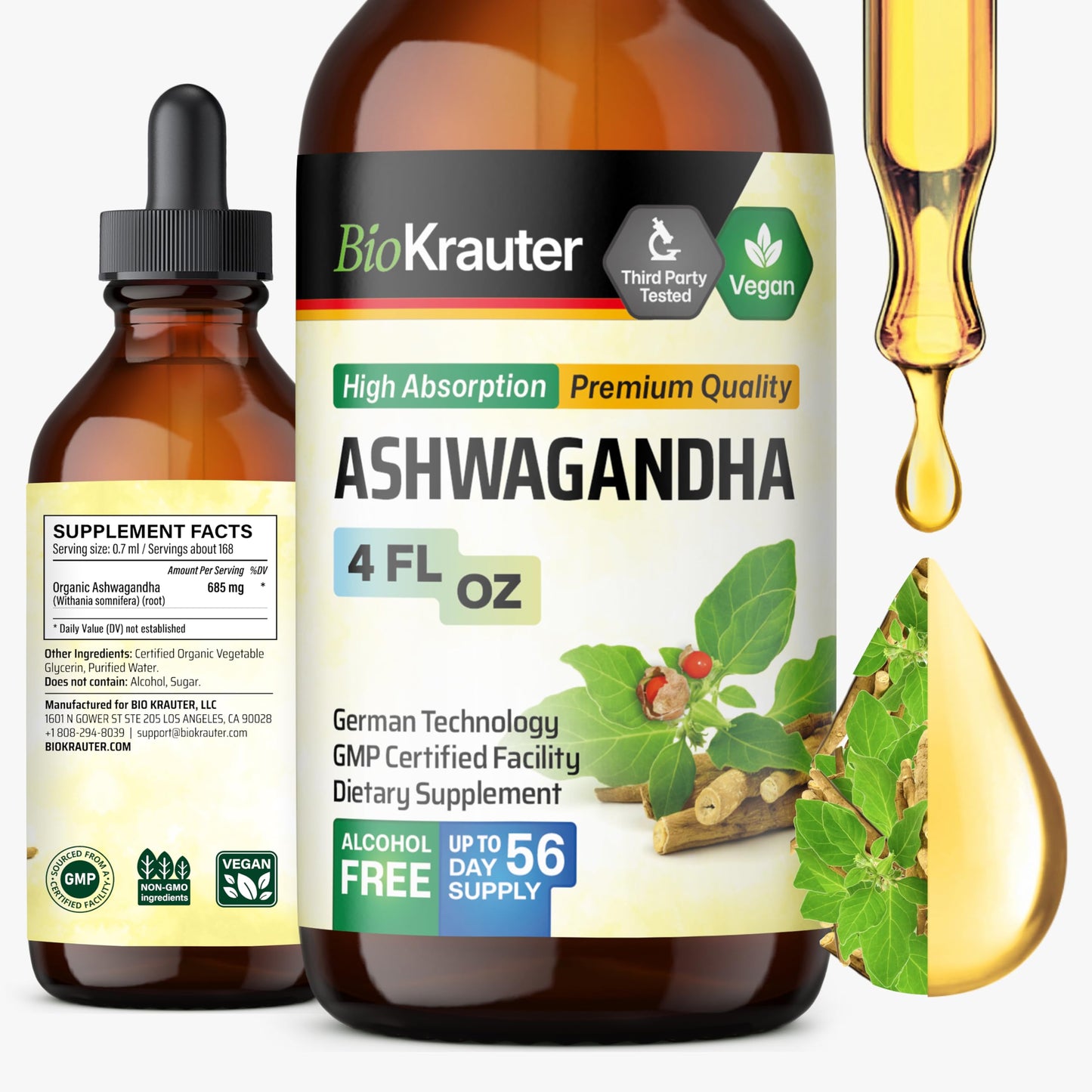 BIO KRAUTER Ashwagandha Drops – Pure Vegan Liquid 685 mg, 56-Day Supply
