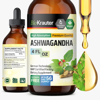 BIO KRAUTER Ashwagandha Drops – Pure Vegan Liquid 685 mg, 56-Day Supply