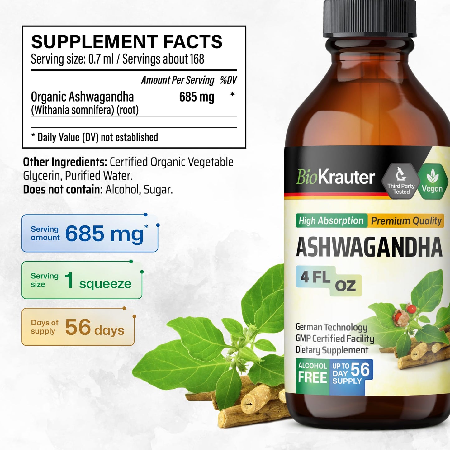 BIO KRAUTER Ashwagandha Drops – Pure Vegan Liquid 685 mg, 56-Day Supply