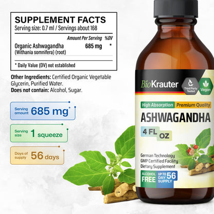 BIO KRAUTER Ashwagandha Drops – Pure Vegan Liquid 685 mg, 56-Day Supply