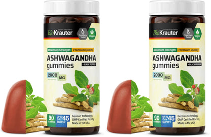 BIO KRAUTER Ashwagandha Gummies – 2000 mg, 90 Chews, Mango, Vegan – Pack of 2