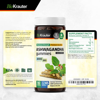 BIO KRAUTER Ashwagandha Gummies – 2000 mg, 90 Chews, Mango, Vegan – Pack of 2