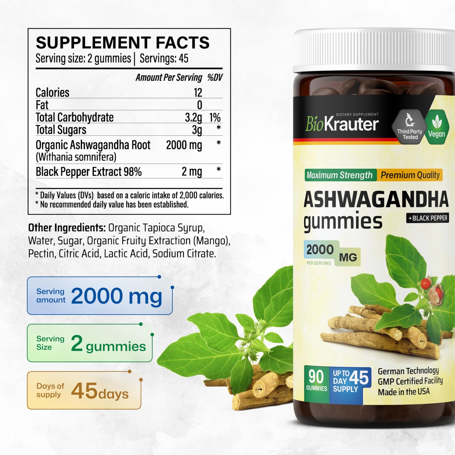 BIO KRAUTER Ashwagandha Gummies – 2000 mg, 90 Chews, Mango, Vegan – Pack of 2