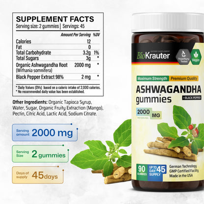 BIO KRAUTER Ashwagandha Gummies – 2000 mg, 90 Chews, Mango, Vegan – Pack of 2