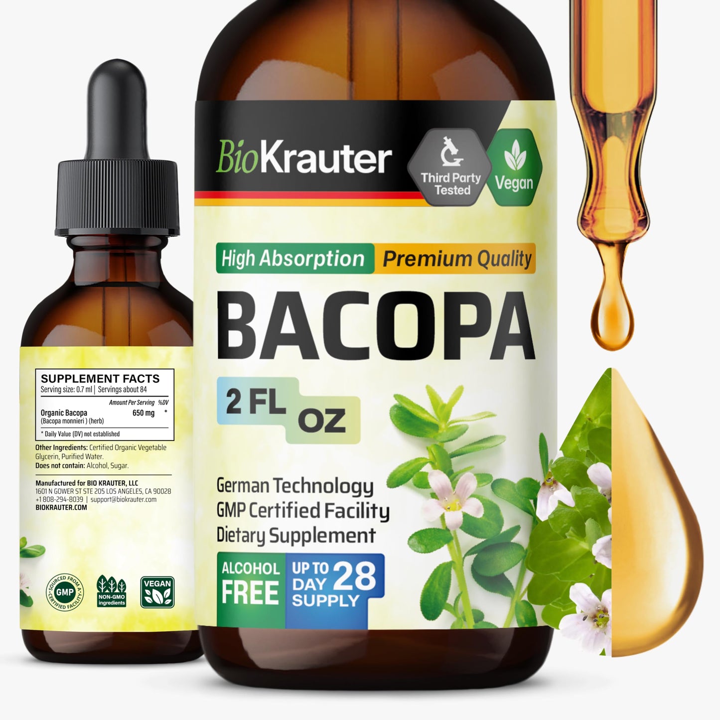 BIO KRAUTER Bacopa Monnieri Drops – Vegan Brahmi Brain Support 2 Fl Oz