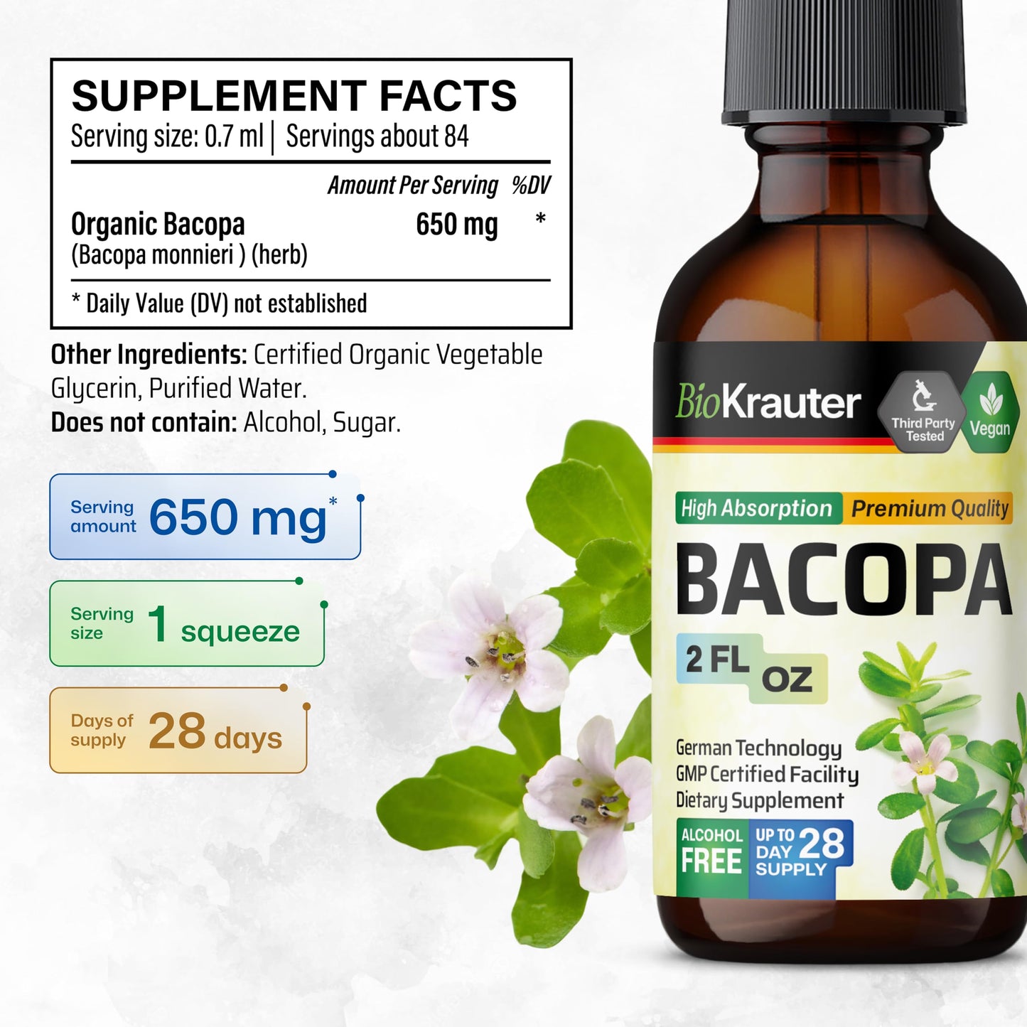 BIO KRAUTER Bacopa Monnieri Drops – Vegan Brahmi Brain Support 2 Fl Oz