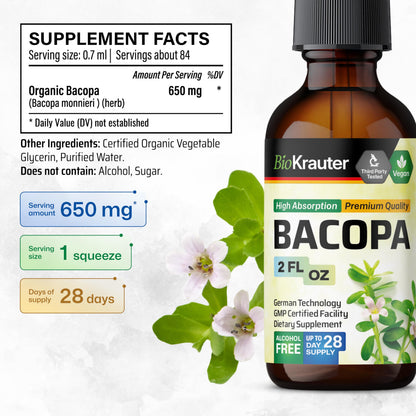 BIO KRAUTER Bacopa Monnieri Drops – Vegan Brahmi Brain Support 2 Fl Oz