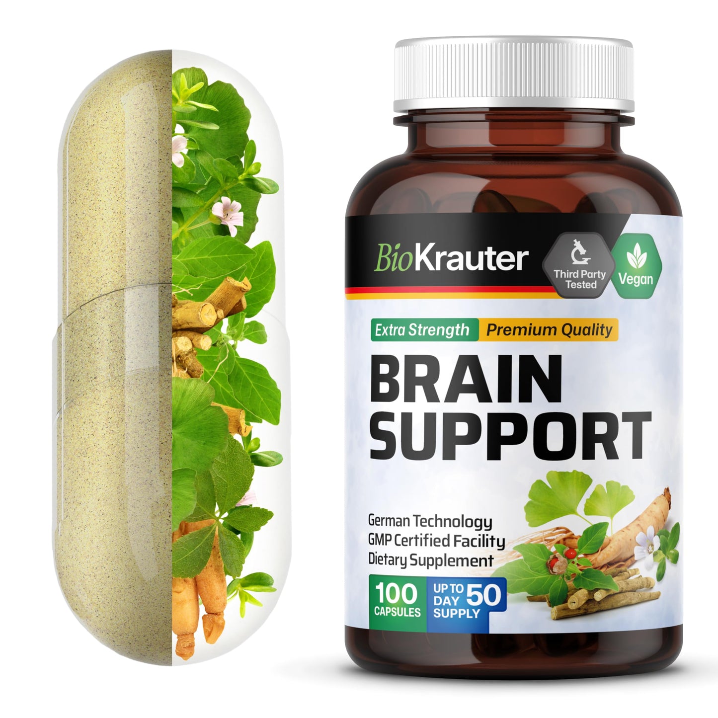 BIO KRAUTER Brain Support Supplement - 100 Count, 1300 mg - Vegan, No Fillers