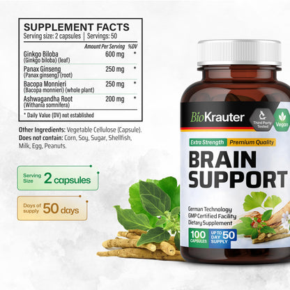 BIO KRAUTER Brain Support Supplement - 100 Count, 1300 mg - Vegan, No Fillers
