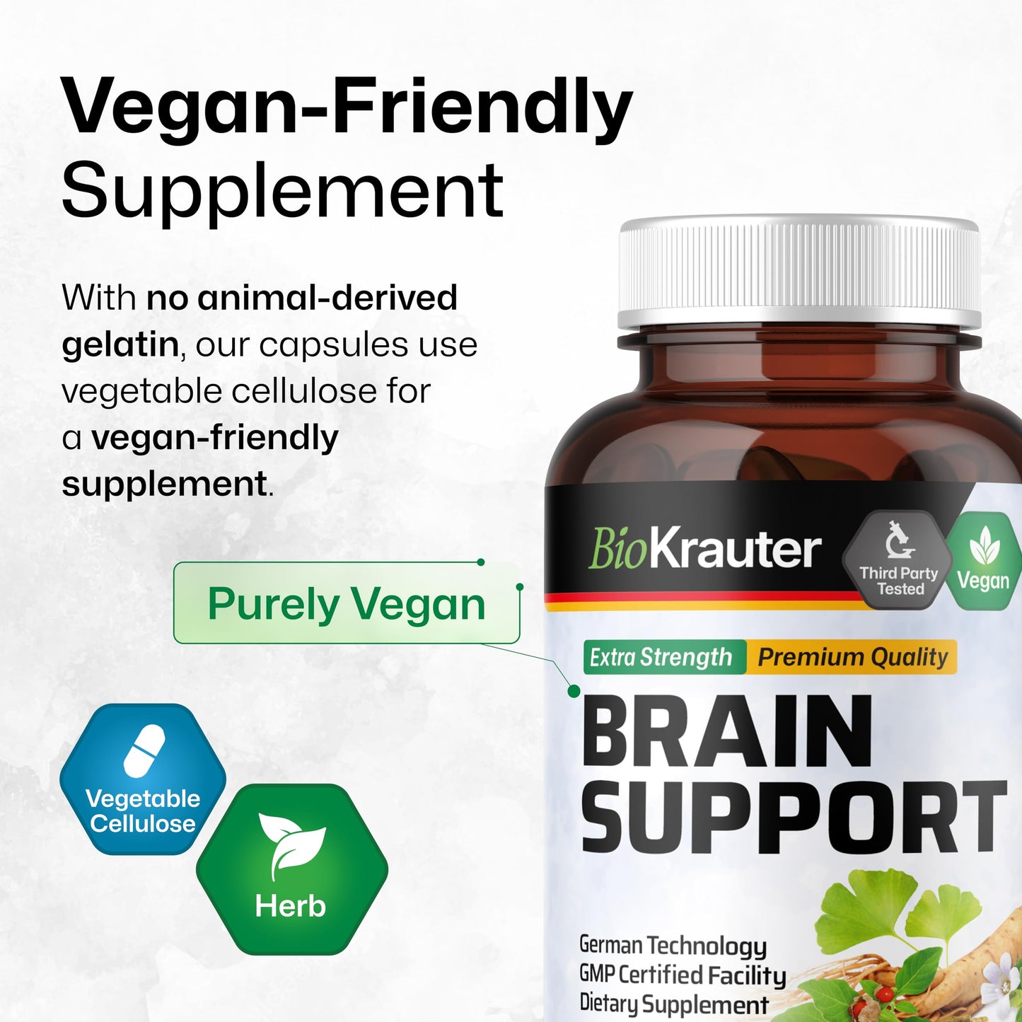 BIO KRAUTER Brain Support Supplement - 100 Count, 1300 mg - Vegan, No Fillers