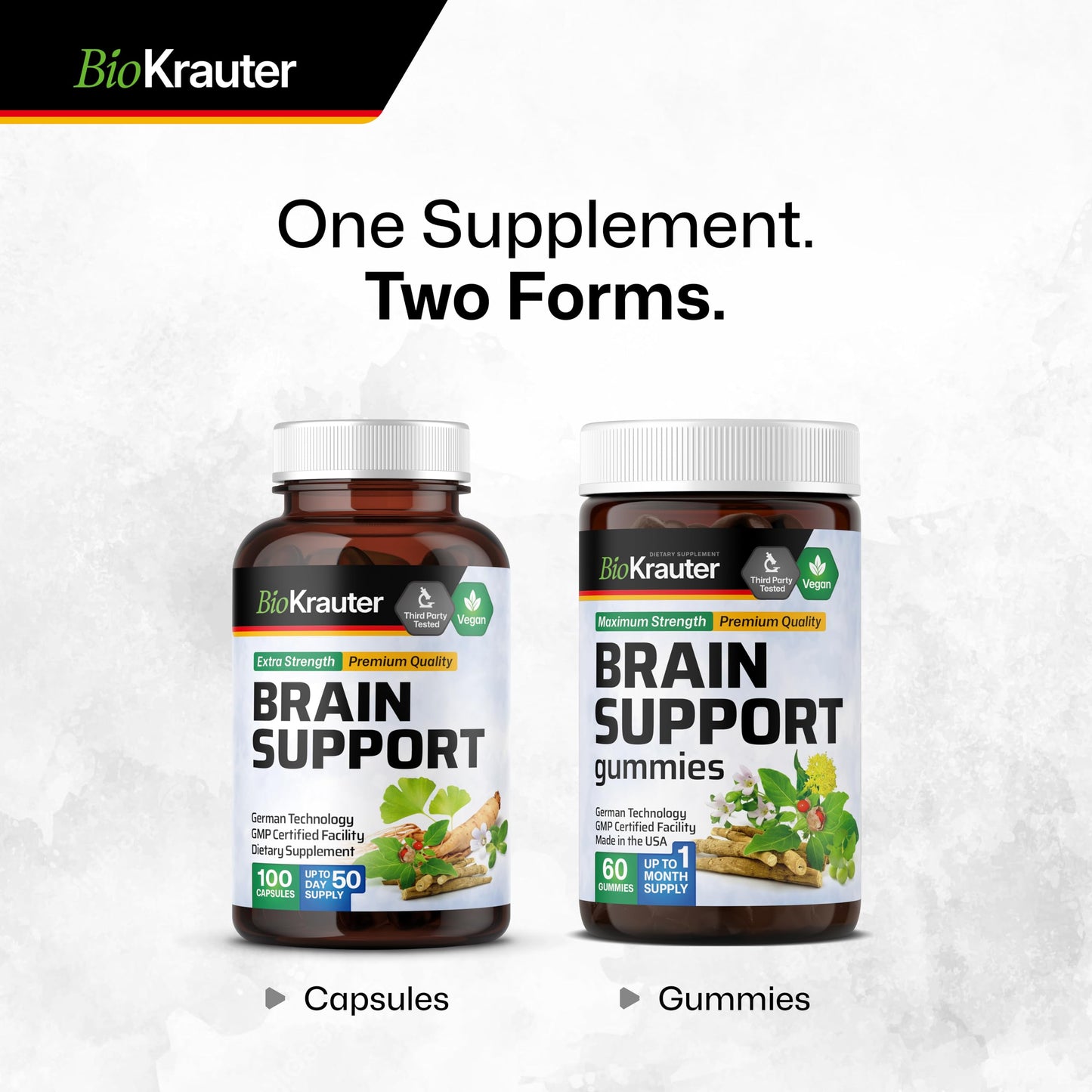 BIO KRAUTER Brain Support Supplement - 100 Count, 1300 mg - Vegan, No Fillers