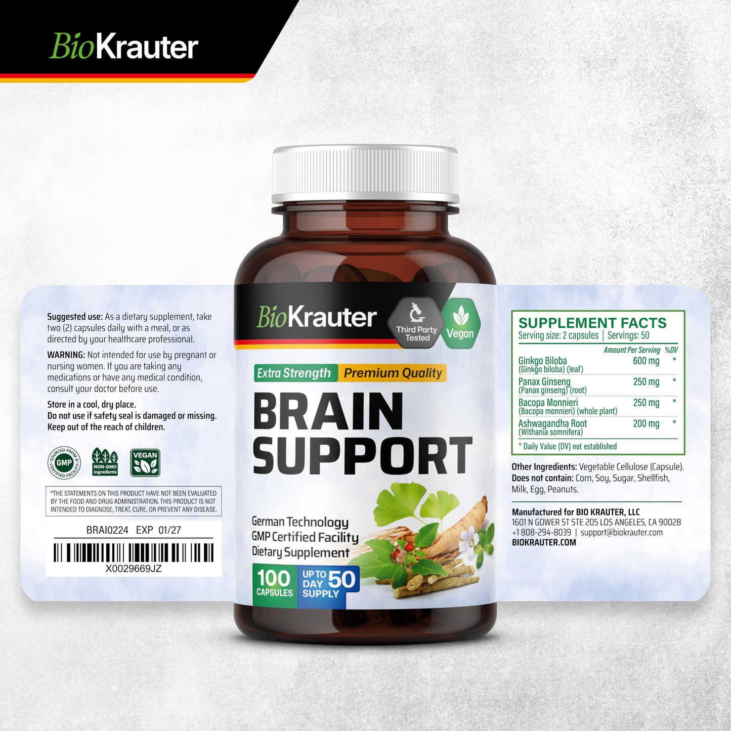 BIO KRAUTER Brain Support Supplement - 100 Count, 1300 mg - Vegan, No Fillers
