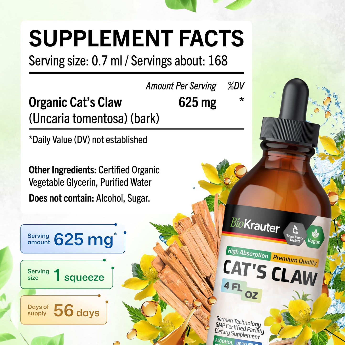 BIO KRAUTER Cat's Claw - Liquid Drops Pure Vegan Cat's Claw Herb Supplement 625 mg per Serving, 4 Fl Oz, 56-Day Supply