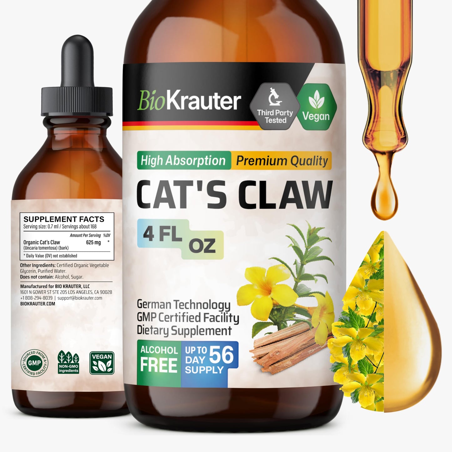 BIO KRAUTER Cat's Claw - Liquid Drops Pure Vegan Cat's Claw Herb Supplement 625 mg per Serving, 4 Fl Oz, 56-Day Supply