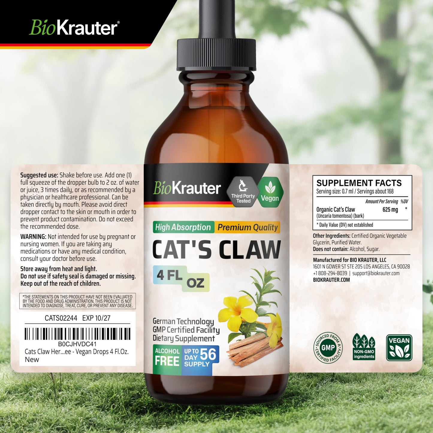 BIO KRAUTER Cat's Claw - Liquid Drops Pure Vegan Cat's Claw Herb Supplement 625 mg per Serving, 4 Fl Oz, 56-Day Supply