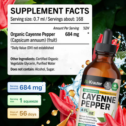 BIO KRAUTER Cayenne Pepper Drops 684 mg | Pure Vegan Capsaicin for Digestive Support | 56 Days of Supply