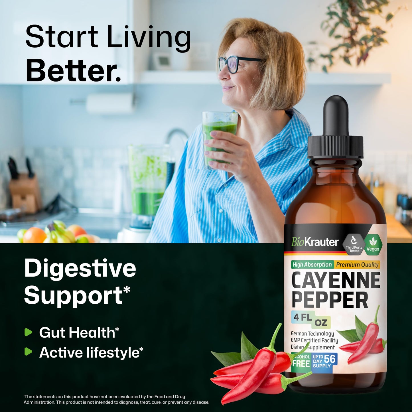 BIO KRAUTER Cayenne Pepper Drops 684 mg | Pure Vegan Capsaicin for Digestive Support | 56 Days of Supply