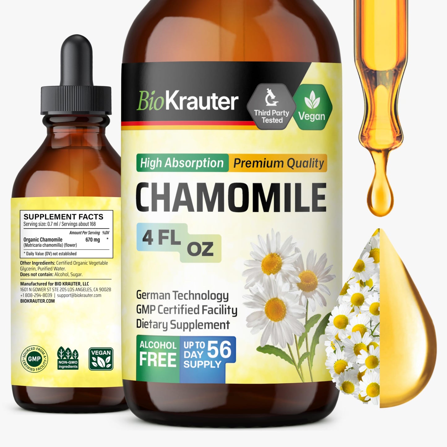 BIO KRAUTER Chamomile Extract Liquid Drops – Vegan Calm & Sleep Support | 670 mg per Serving, 4 fl oz