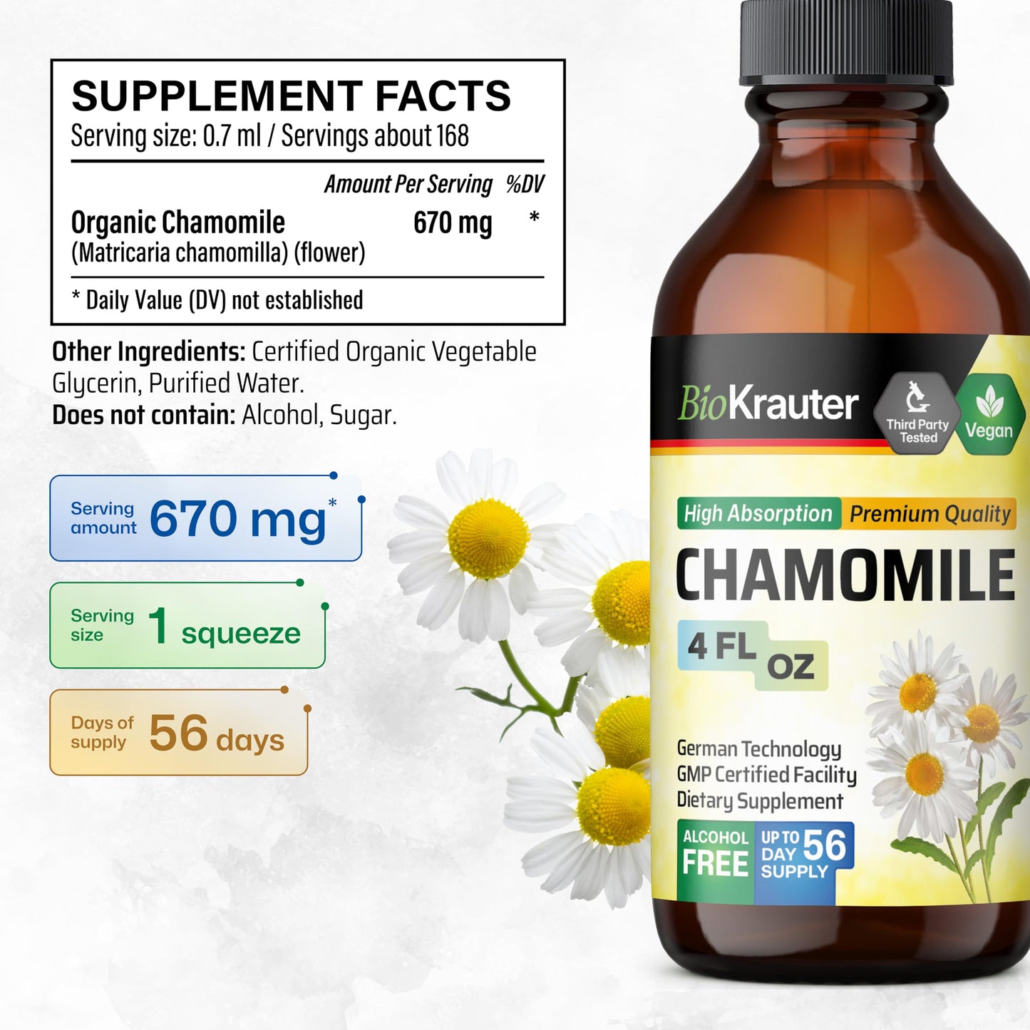 BIO KRAUTER Chamomile Extract Liquid Drops – Vegan Calm & Sleep Support | 670 mg per Serving, 4 fl oz