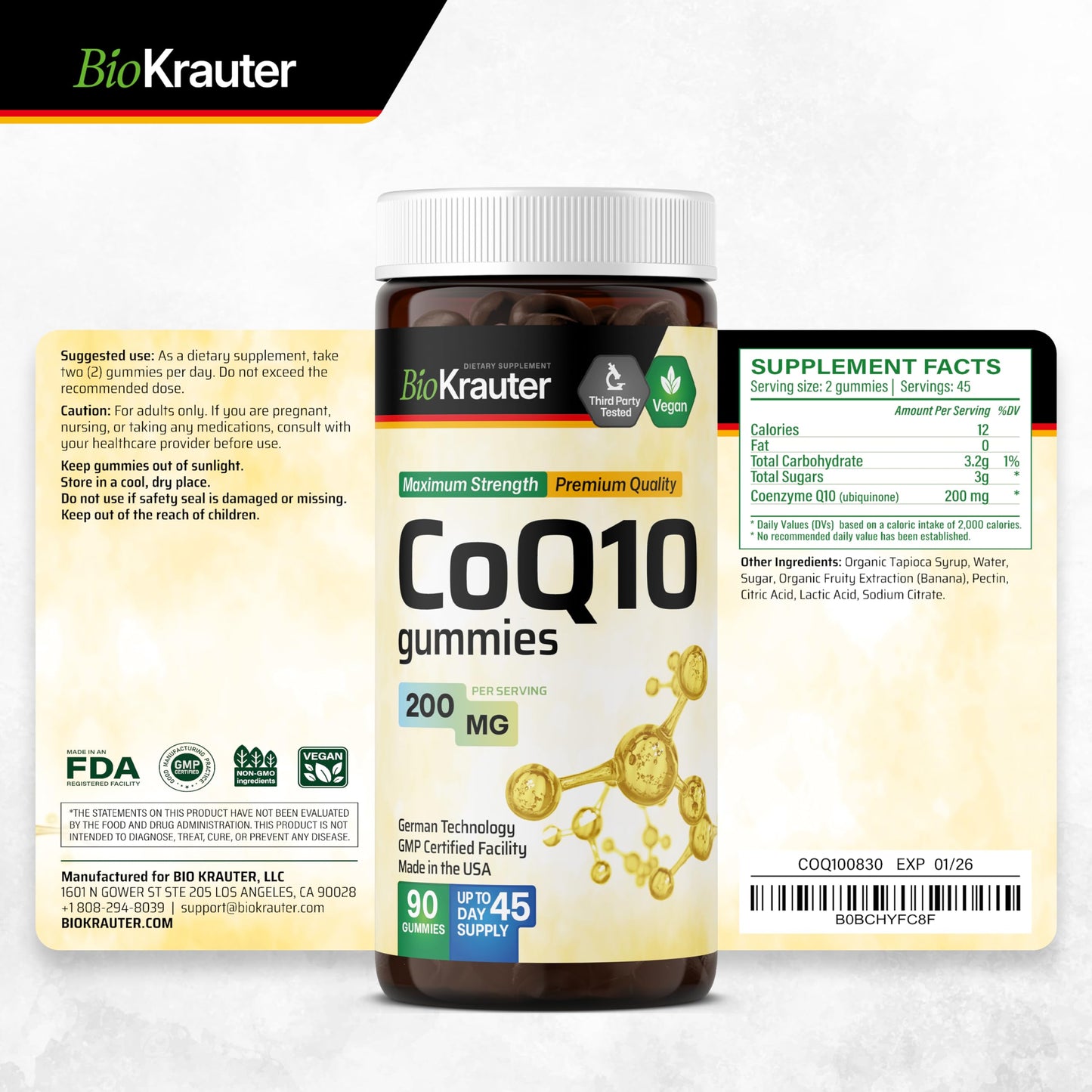 BIO KRAUTER CoQ10 200mg Gummies – 90 Vegan Chews | CoQ10 for Adults