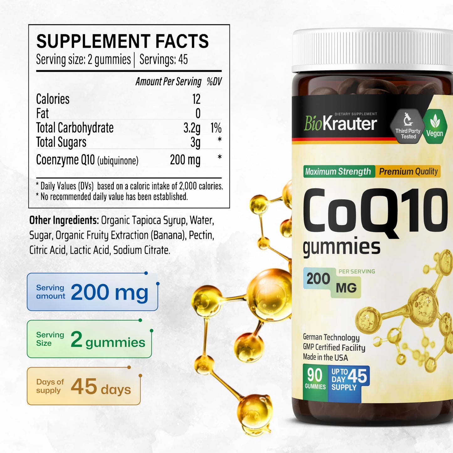 BIO KRAUTER CoQ10 200mg Gummies – 90 Vegan Chews | CoQ10 for Adults