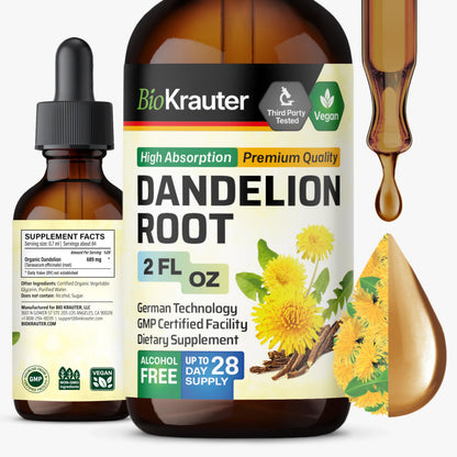 BioKrauter Dandelion Root Extract – Liquid 689 mg per Serving, 2 oz (28-Day) | Liver & Kidney Support, Vegan, Alcohol-Free