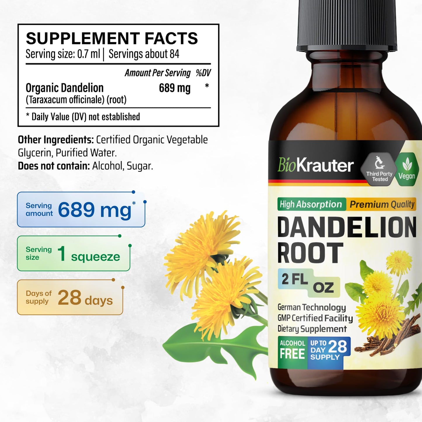 BioKrauter Dandelion Root Extract – Liquid 689 mg per Serving, 2 oz (28-Day) | Liver & Kidney Support, Vegan, Alcohol-Free