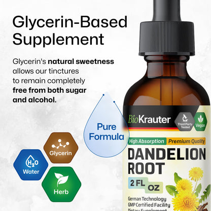 BioKrauter Dandelion Root Extract – Liquid 689 mg per Serving, 2 oz (28-Day) | Liver & Kidney Support, Vegan, Alcohol-Free