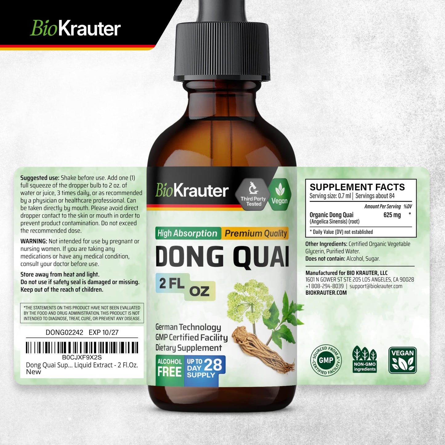 BIO KRAUTER Dong Quai Drops for Menopause Support – 2 oz, Vegan Angelica Root Tincture