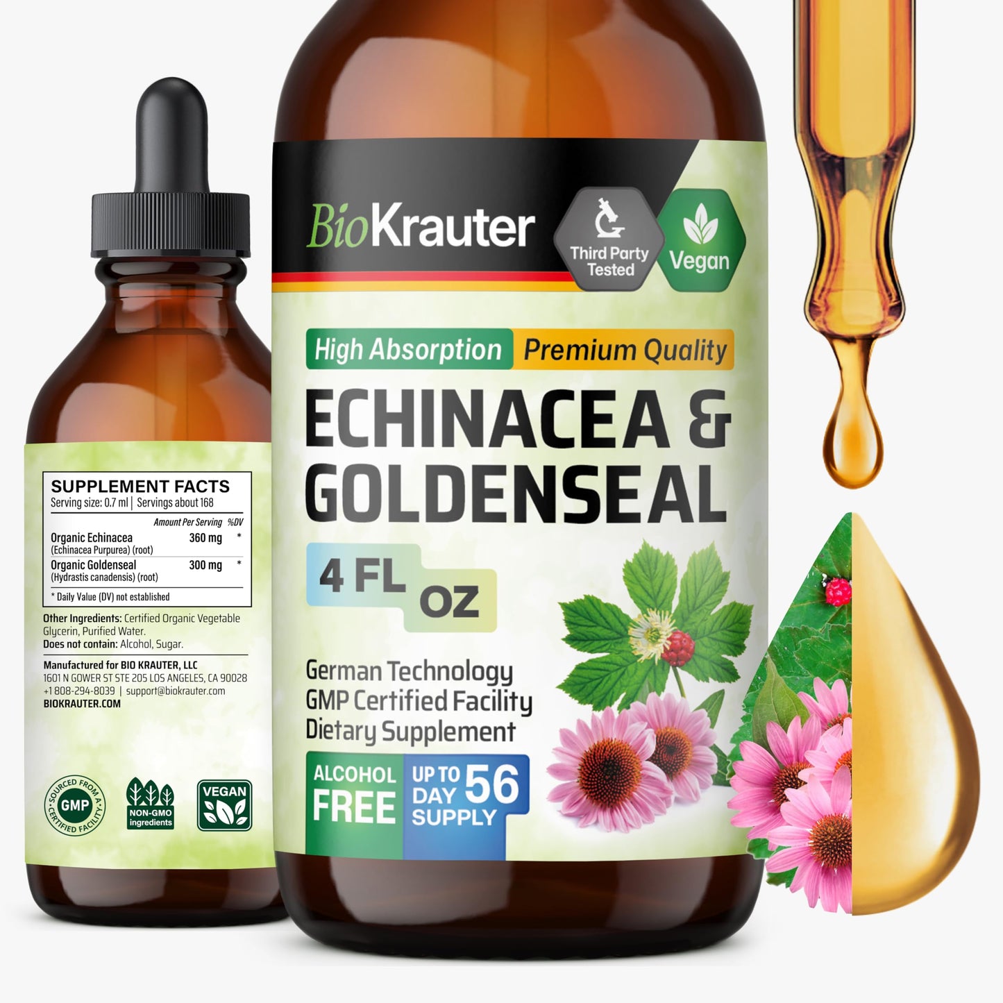 BIO KRAUTER Echinacea & Goldenseal Liquid Extract – Vegan, Alcohol-Free Tincture – 4 Fl Oz