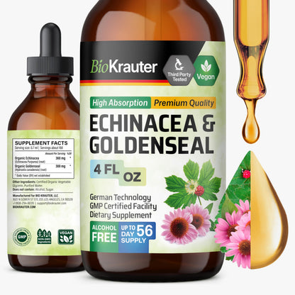 BIO KRAUTER Echinacea & Goldenseal Liquid Extract – Vegan, Alcohol-Free Tincture – 4 Fl Oz