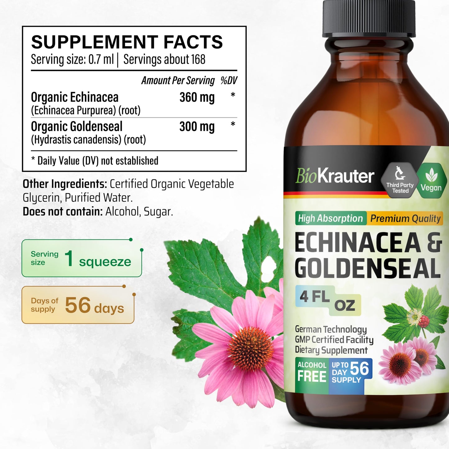 BIO KRAUTER Echinacea & Goldenseal Liquid Extract – Vegan, Alcohol-Free Tincture – 4 Fl Oz