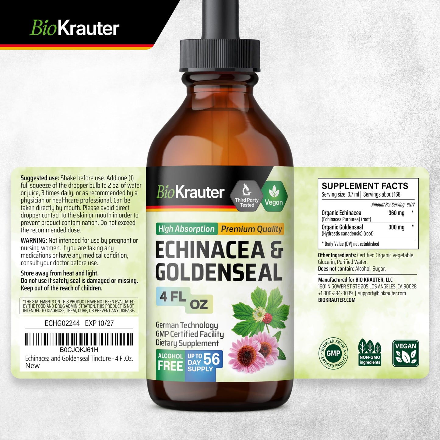 BIO KRAUTER Echinacea & Goldenseal Liquid Extract – Vegan, Alcohol-Free Tincture – 4 Fl Oz