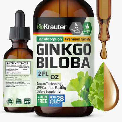 BIO KRAUTER Ginkgo Biloba Extract - Liquid Brain Support Drops, Vegan & Sugar-Free, 2 fl oz