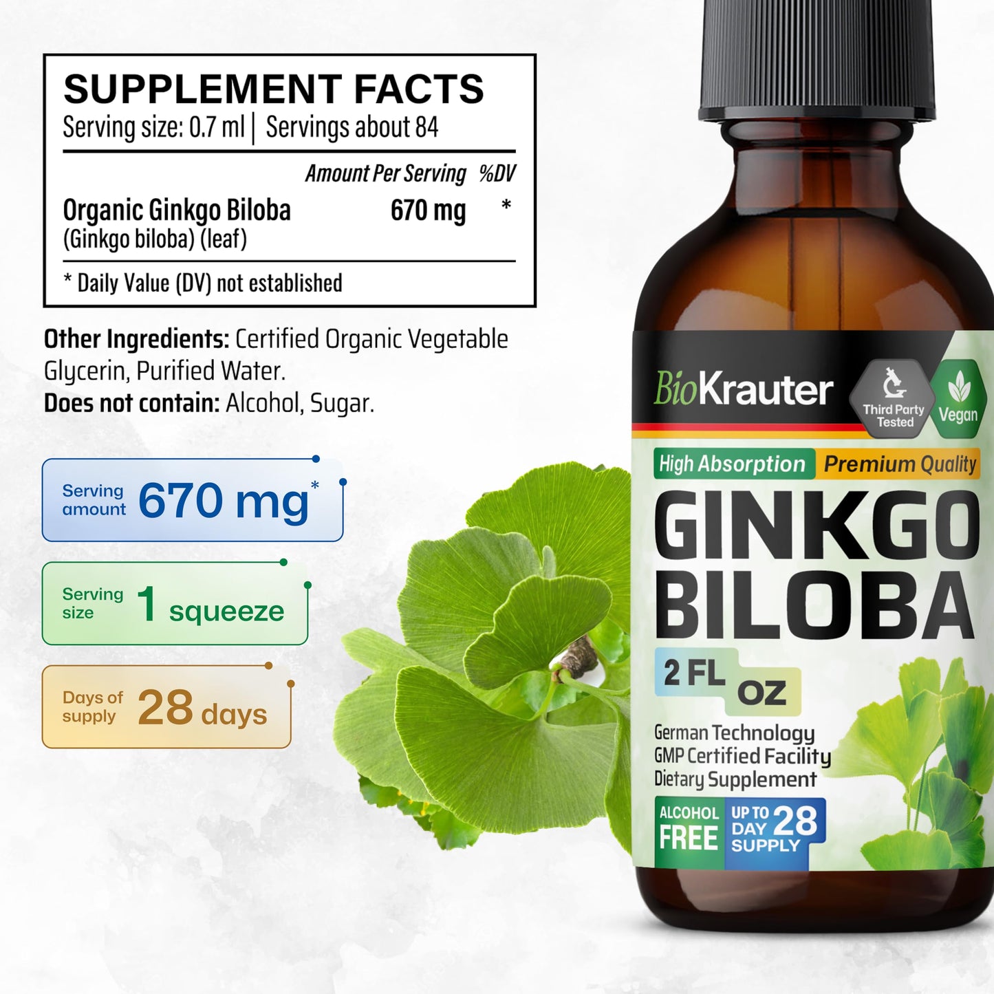 BIO KRAUTER Ginkgo Biloba Extract - Liquid Brain Support Drops, Vegan & Sugar-Free, 2 fl oz