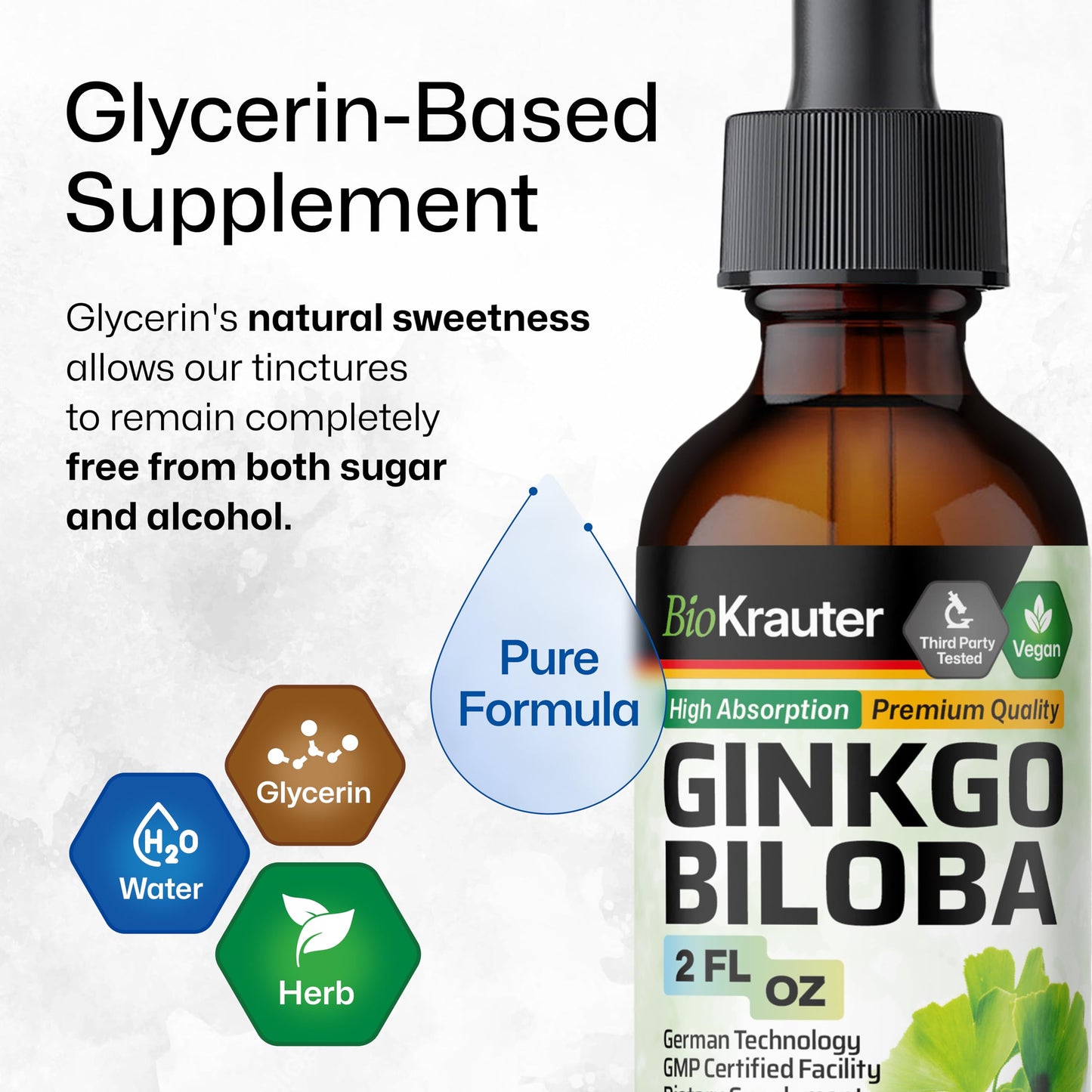 BIO KRAUTER Ginkgo Biloba Extract - Liquid Brain Support Drops, Vegan & Sugar-Free, 2 fl oz